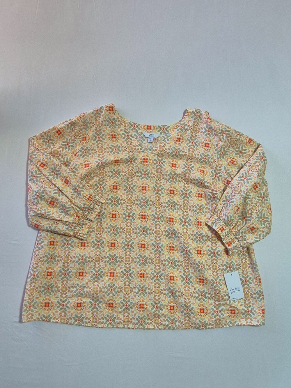 NWT Croft & Barrow Womens Size 1X Blouse Floral 3/4 Sleeve V Neck Boho Beachy